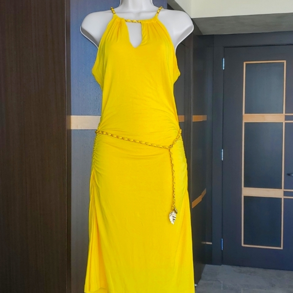 CACHE NEW YELLOW DRESS WITH CHAIN AND CHARMS, SIZE MEDIUM